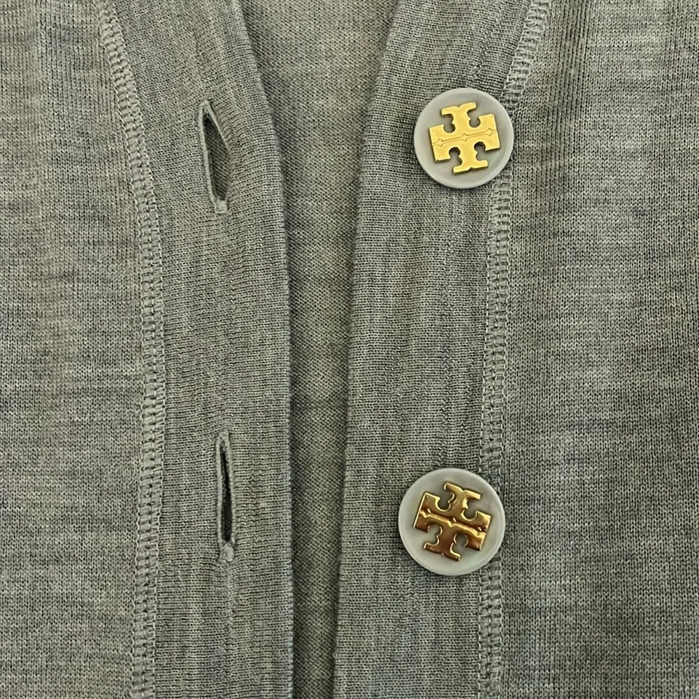 Tory Burch Gray V-Neck Cardigan with Logo Buttons